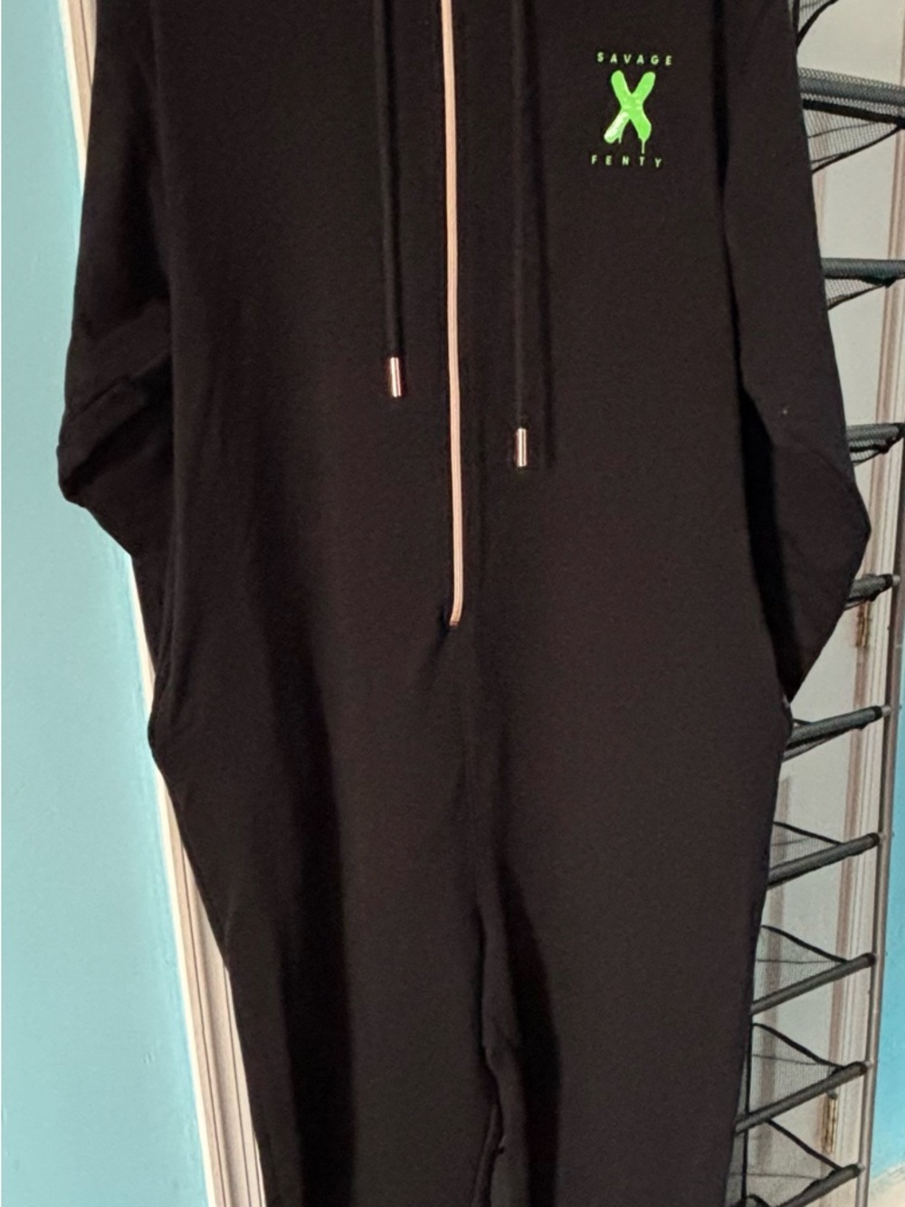 Savage X Fenty Black Hooded Jumpsuit with Neon Green Accent